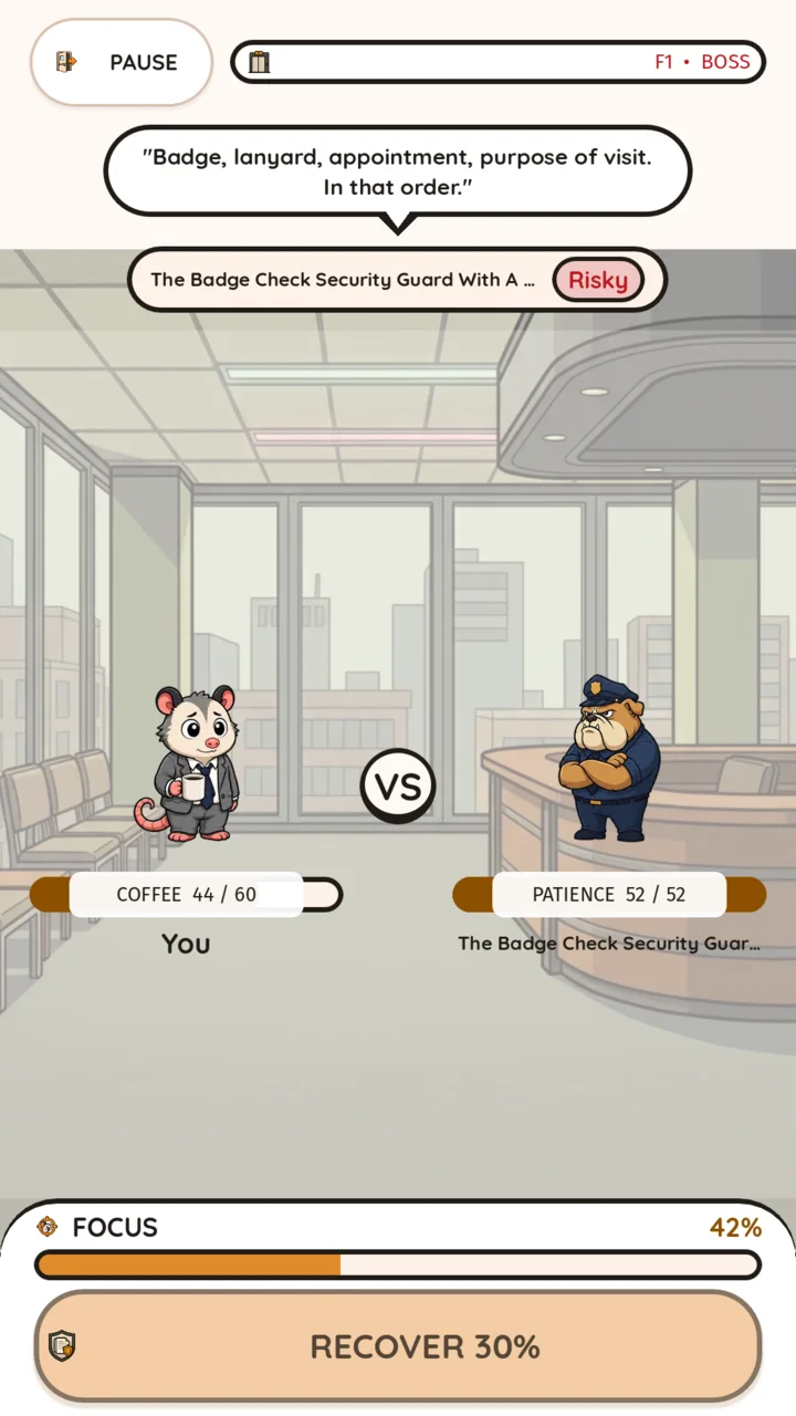 Playing Possum combat screen with the opossum facing an office security guard